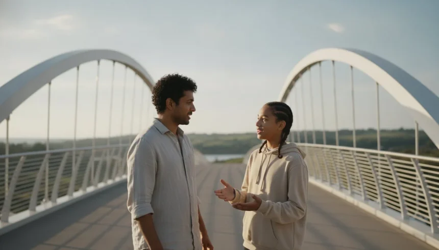 A father and teenage daughter having an open conversation on a modern pedestrian bridge, symbolizing trust and communication.
