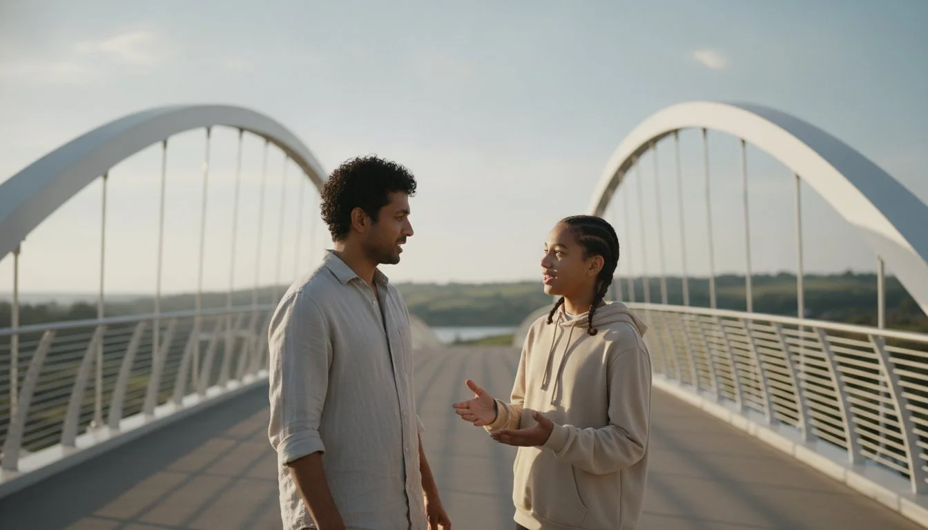 A father and teenage daughter having an open conversation on a modern pedestrian bridge, symbolizing trust and communication.