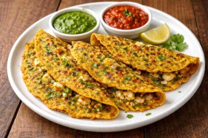 Paneer stuffed moong dal chilla served with green and red chutney