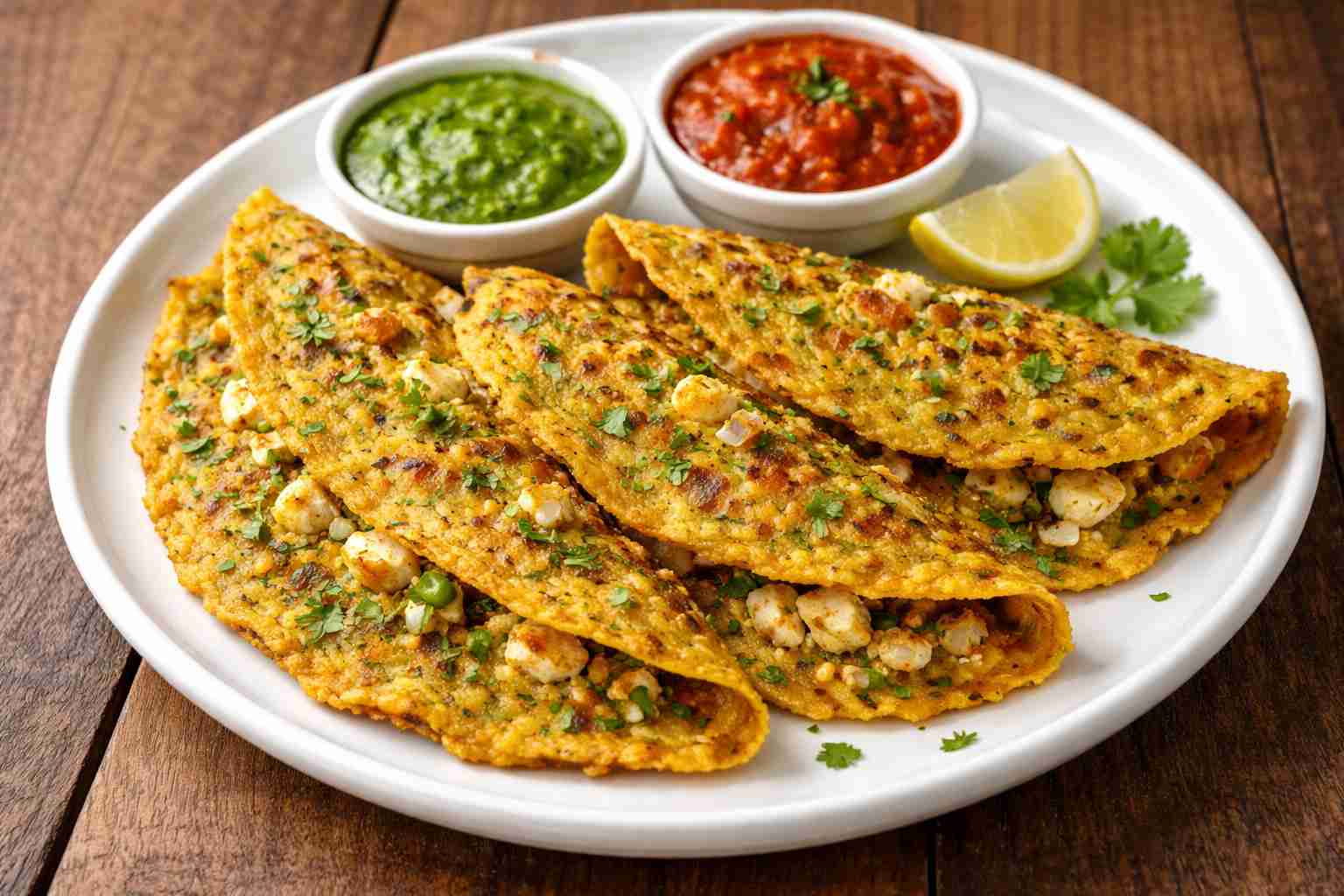 Paneer stuffed moong dal chilla served with green and red chutney
