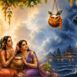 Lord Krishna playing the flute with devotees, while Vasudeva carries baby Krishna across the Yamuna under Sheshnag