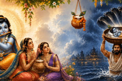 Lord Krishna playing the flute with devotees, while Vasudeva carries baby Krishna across the Yamuna under Sheshnag