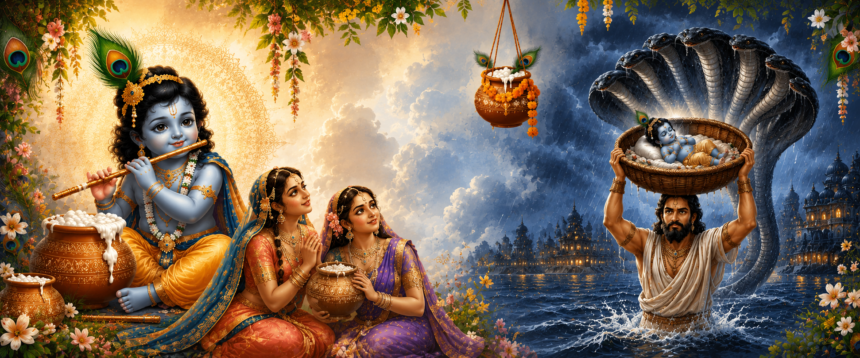 Lord Krishna playing the flute with devotees, while Vasudeva carries baby Krishna across the Yamuna under Sheshnag