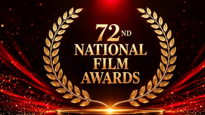 72nd National Film Awards 2026 ceremony graphic with golden laurel and award stage