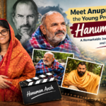Anupriya Nagar, young film producer of Hanuman Ansh, featured with Neem Karoli Baba, Steve Jobs and spiritual imagery.