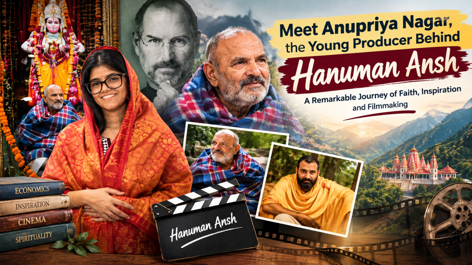 Anupriya Nagar, young film producer of Hanuman Ansh, featured with Neem Karoli Baba, Steve Jobs and spiritual imagery.