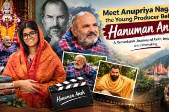 Anupriya Nagar, young film producer of Hanuman Ansh, featured with Neem Karoli Baba, Steve Jobs and spiritual imagery.