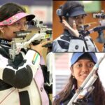 Indian women shooters competing in a 10m air rifle event, holding professional rifles at a shooting range.