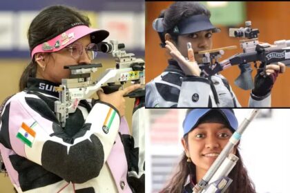 Indian women shooters competing in a 10m air rifle event, holding professional rifles at a shooting range.