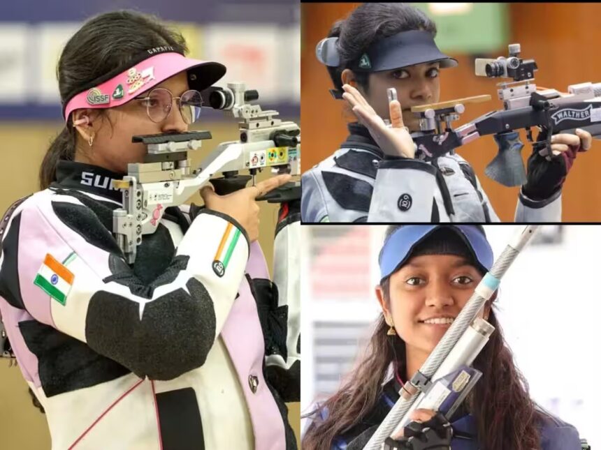 Indian women shooters competing in a 10m air rifle event, holding professional rifles at a shooting range.