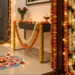 Festive home decorated with marigold flowers, diyas, rangoli and warm lights