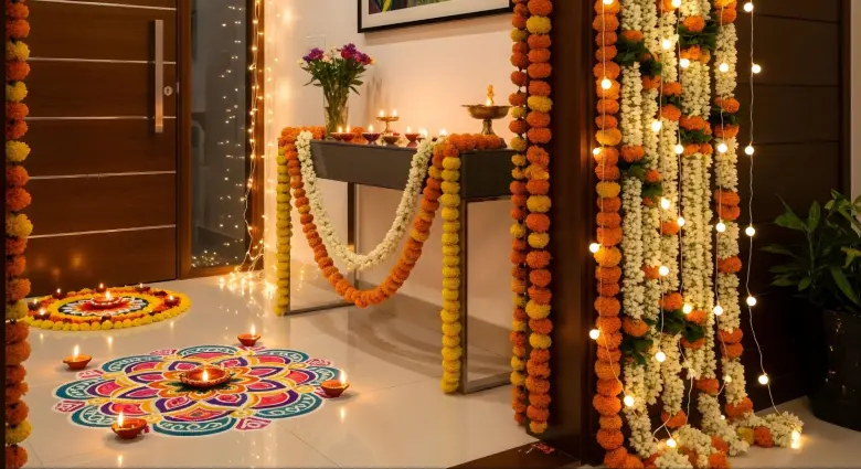 Festive home decorated with marigold flowers, diyas, rangoli and warm lights