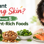 Woman with glowing skin surrounded by nutrient-rich foods