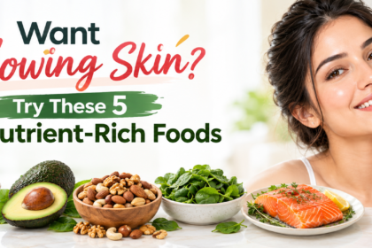 Woman with glowing skin surrounded by nutrient-rich foods