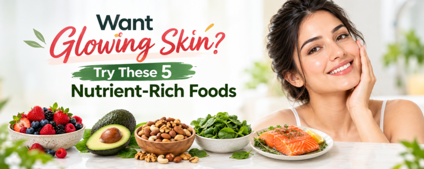 Woman with glowing skin surrounded by nutrient-rich foods
