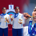 Indian women’s compound archery team celebrating gold medal victory at Asian Games 2026