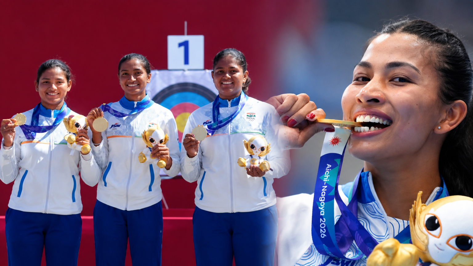 Indian women’s compound archery team celebrating gold medal victory at Asian Games 2026