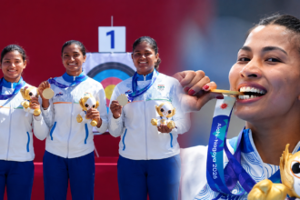 Indian women’s compound archery team celebrating gold medal victory at Asian Games 2026