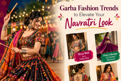 Women wearing vibrant mirror-work Garba outfits and traditional jewellery during Navratri celebrations