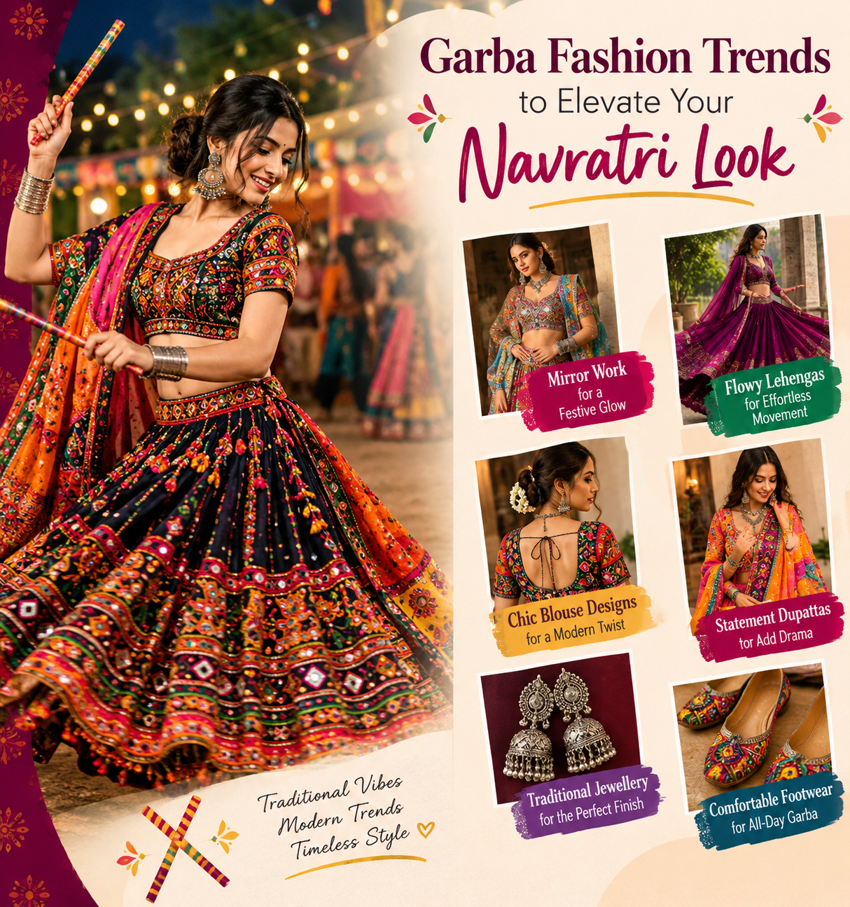 Women wearing vibrant mirror-work Garba outfits and traditional jewellery during Navratri celebrations