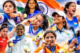 Indian women athletes celebrating their gold medal victories at Asian Games 2026