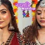 Navratri makeup look with glamorous eye makeup, festive lipstick and traditional Indian attire for Garba and Dandiya