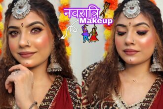 Navratri makeup look with glamorous eye makeup, festive lipstick and traditional Indian attire for Garba and Dandiya