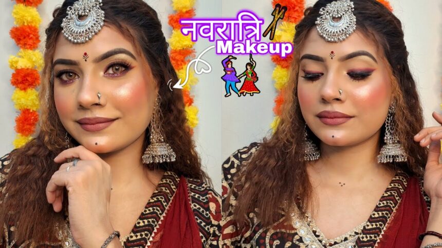 Navratri makeup look with glamorous eye makeup, festive lipstick and traditional Indian attire for Garba and Dandiya